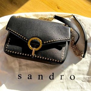 Sandro crossbody black leather purse with black suede interior